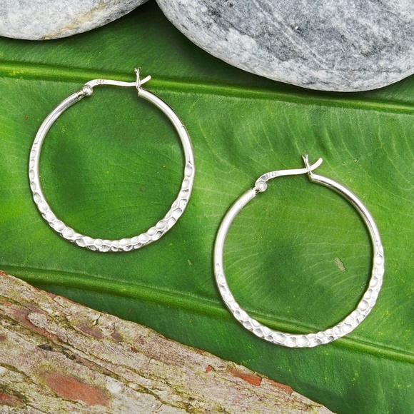 Sterling Silver 1.25" Dia. Hammered Hoop Earrings - Picture 1 of 3
